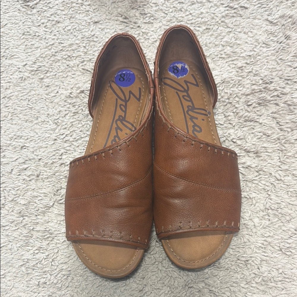Zodiac Tan Brown Open-Toe Leather Flats EU 38.5